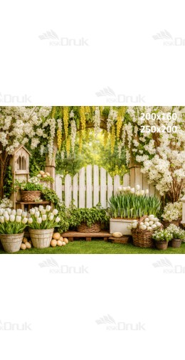 Tło fotograficzne „Wiosenny ogród z białym płotkiem i tulipanami” | E602